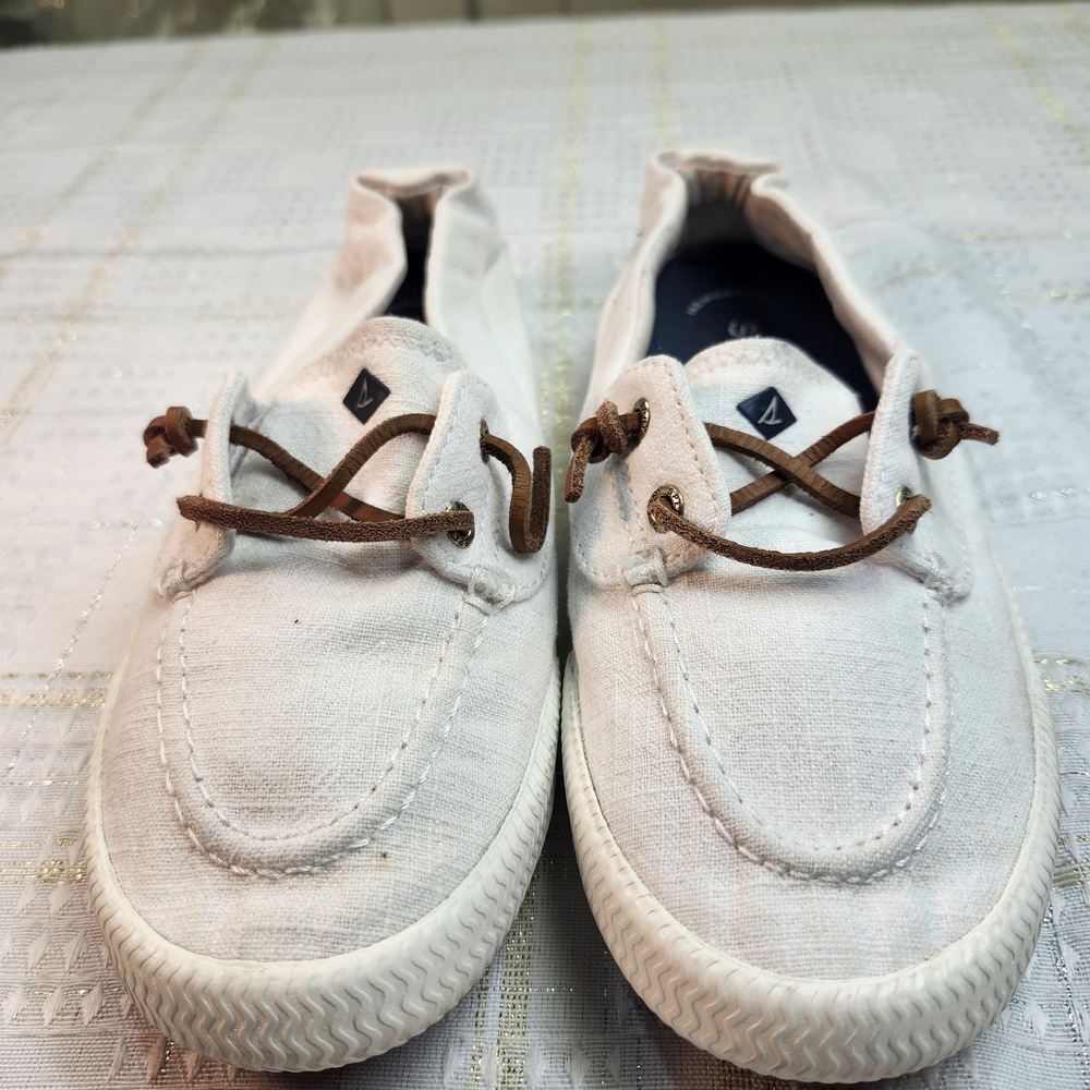 Sperry White Canvas Slip-On Loafers with Brown Laces